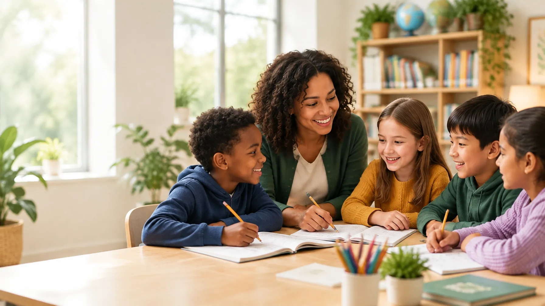 A tutor supporting a small group of students as they learn together